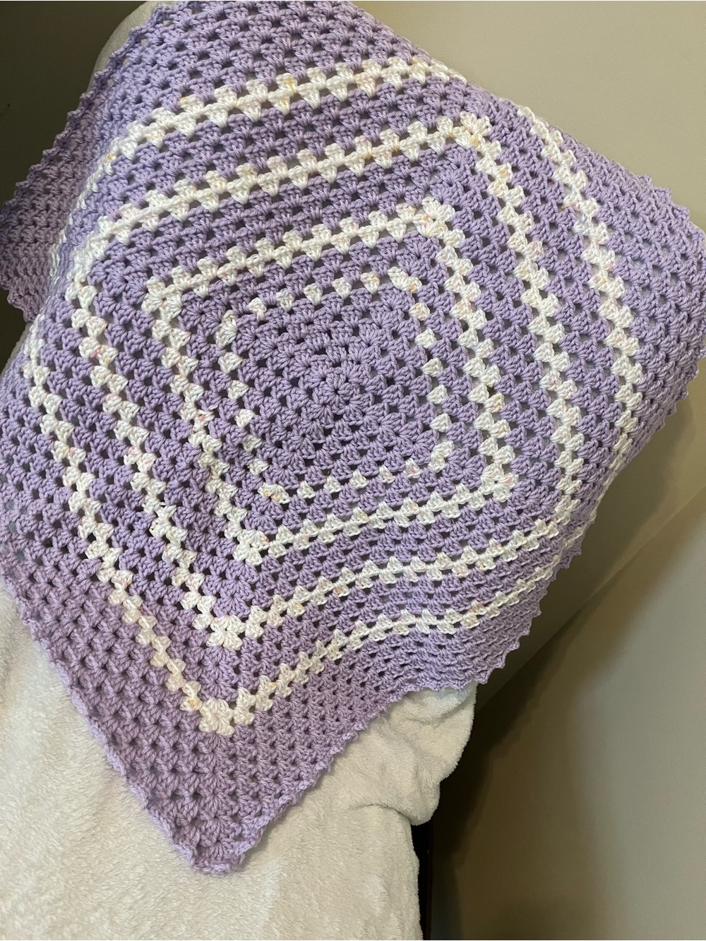 Handmade Crochet Lavender and White Throw Blanket -